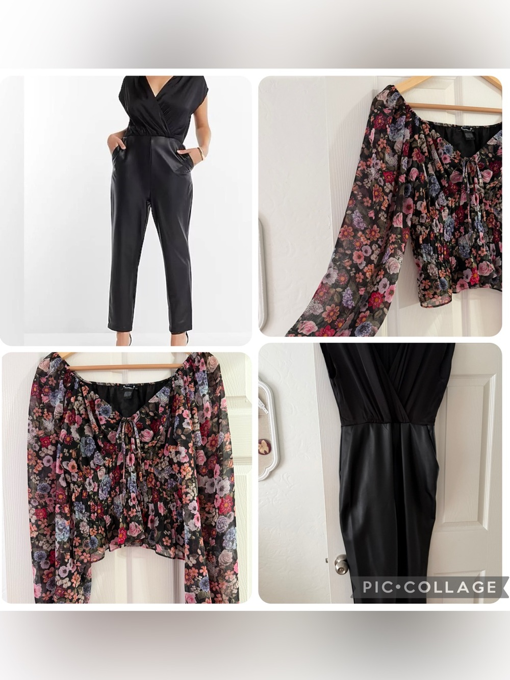 Express Bundle Ankle-Length Jumpsuit w silky top and veg leather pant,floral top